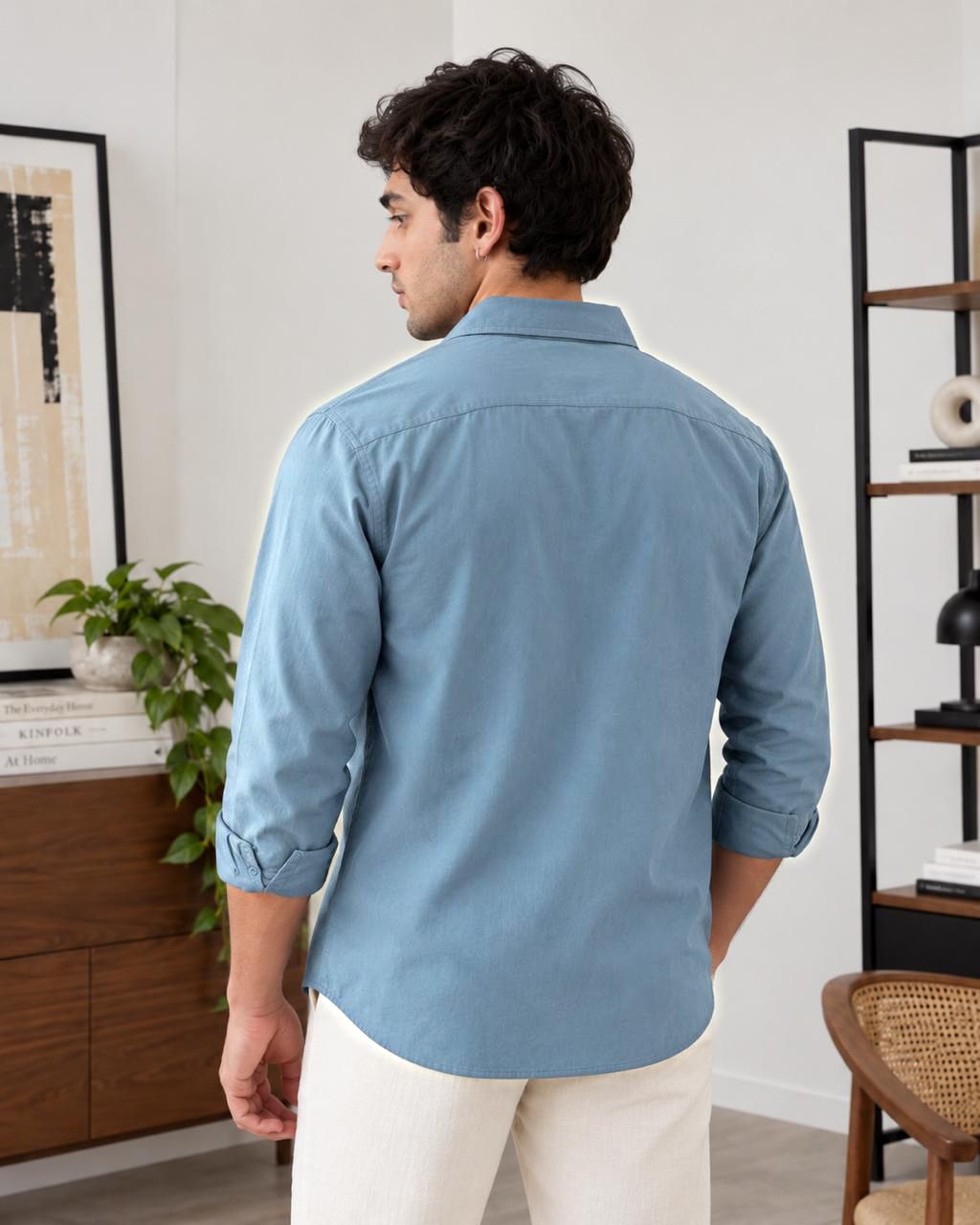 FORZE Twill Stretch Shirt in Dusty Blue, back view showing the yoke and curved shirt-tail hem
