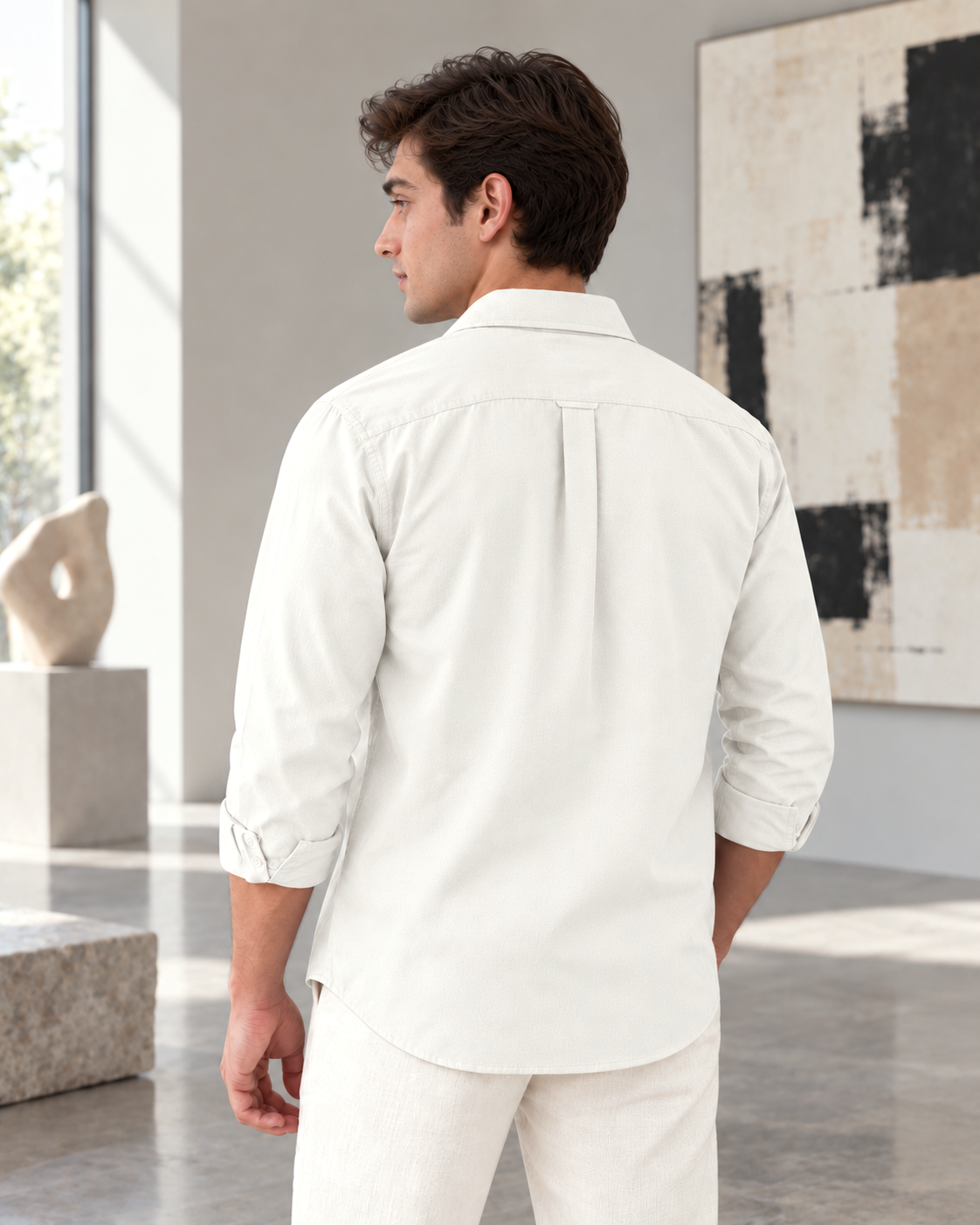 FORZE Twill Stretch Shirt in White, back view showing the yoke and curved shirt-tail hem